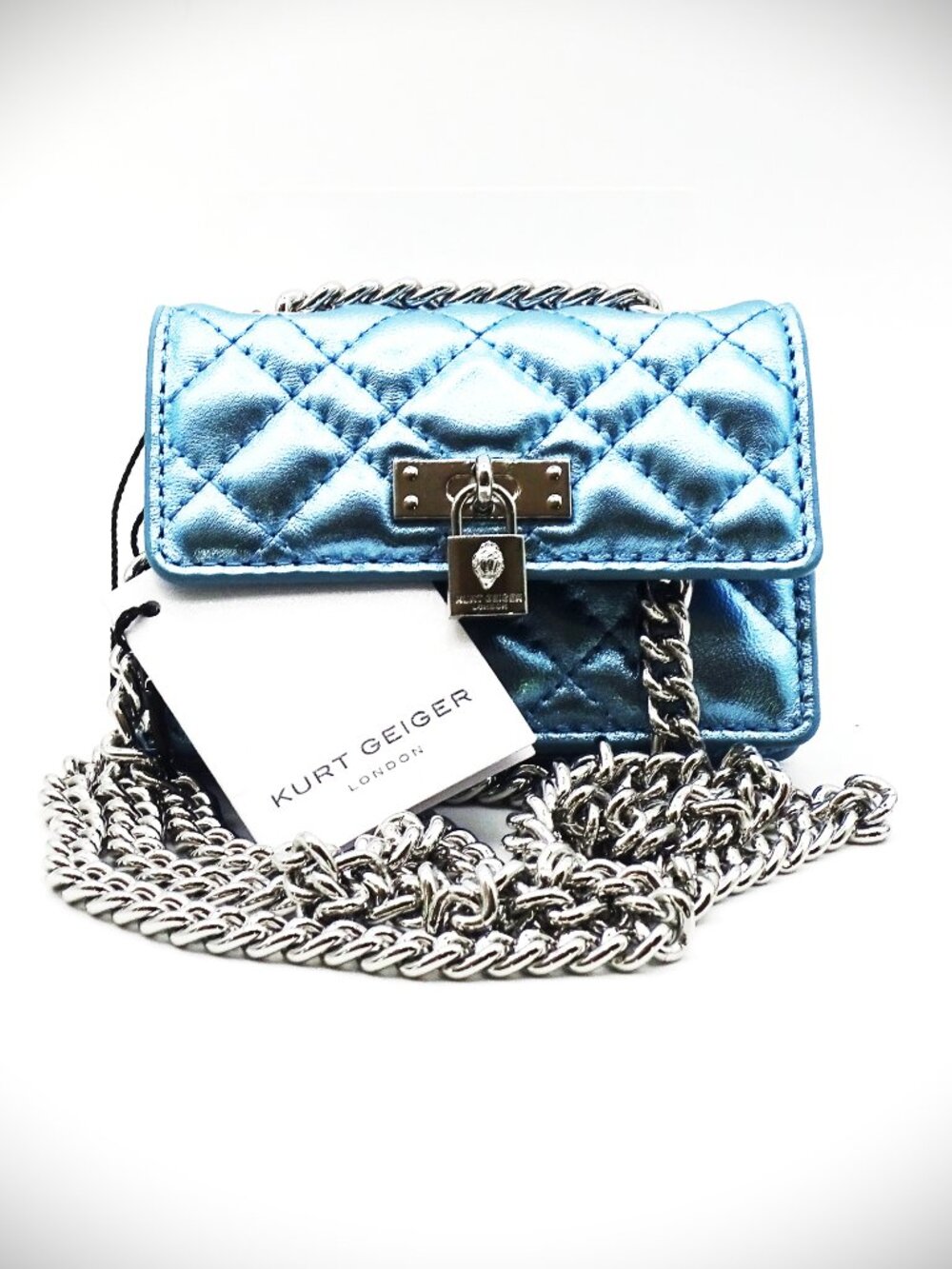 KURT GEIGER Micro Brixton Mid Blue Metallic Leather Quilted Crossbody Bag